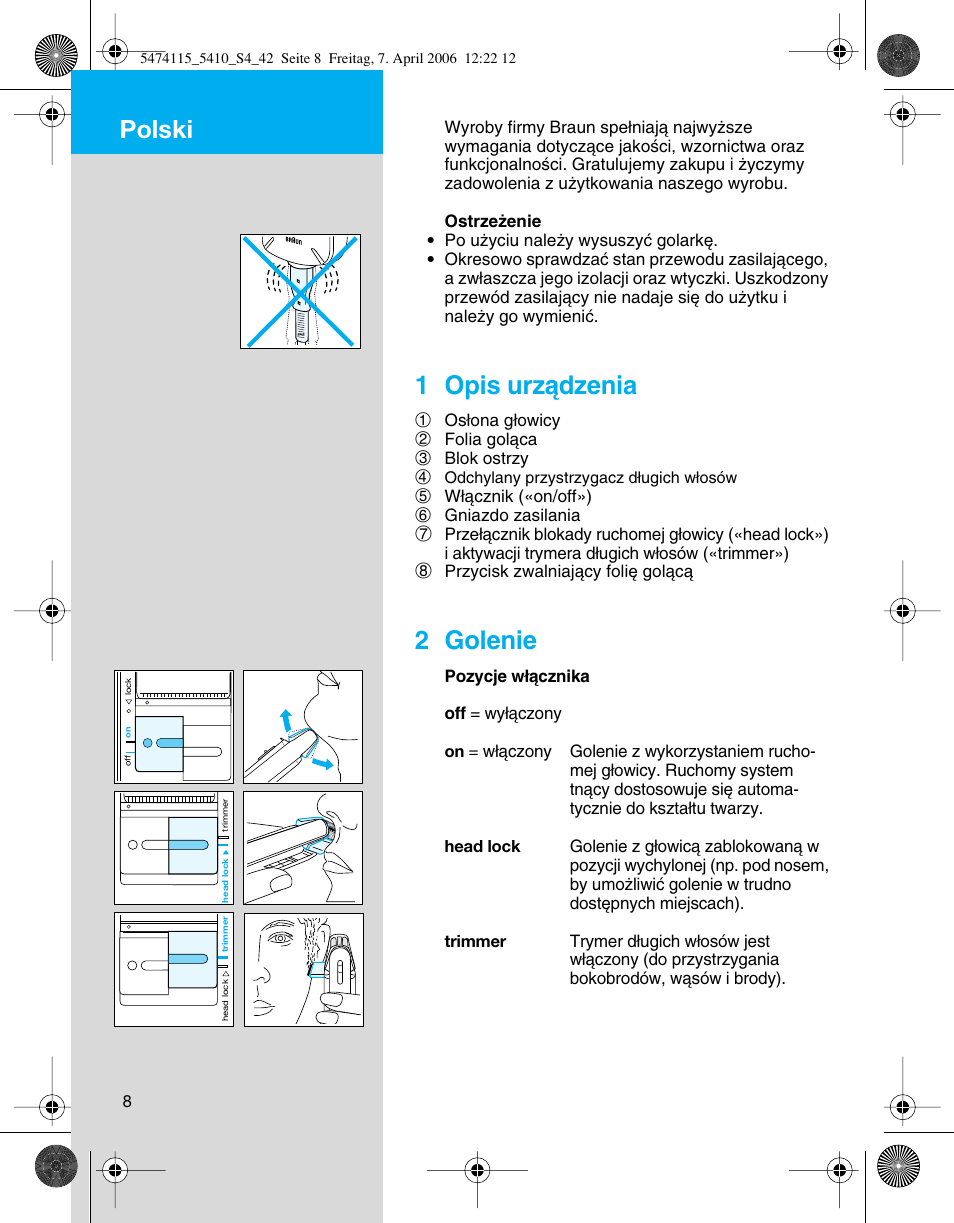 Polski, 1 opis urzàdzenia, 2 golenie | Braun 5410 User Manual | Page 8 / 36