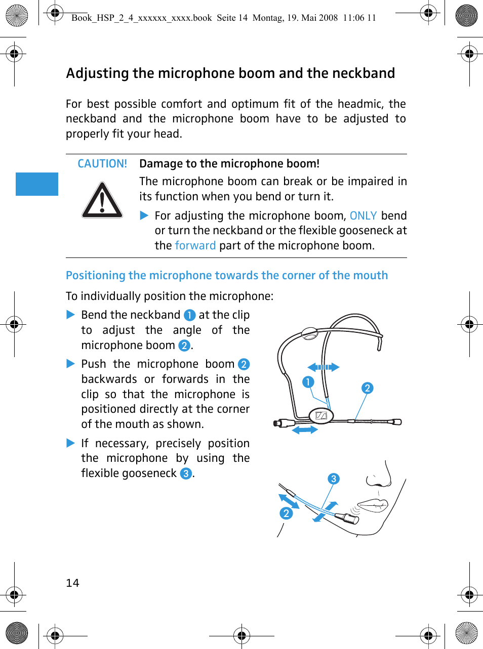 Adjusting the microphone boom and the neckband | Sennheiser HSP 4  EN User Manual | Page 15 / 29