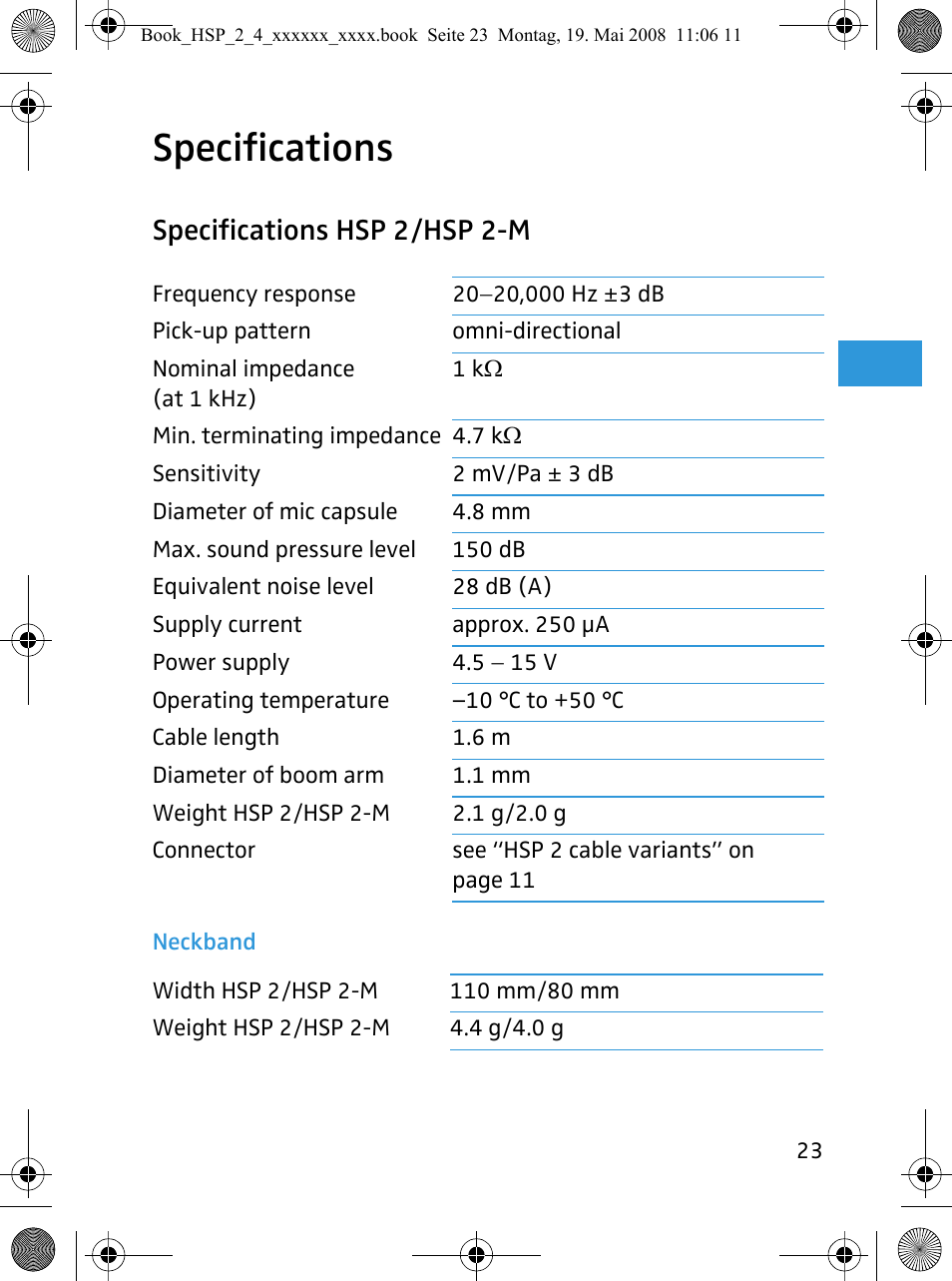 Specifications, Specifications hsp 2/hsp 2-m | Sennheiser HSP 4  EN User Manual | Page 24 / 29