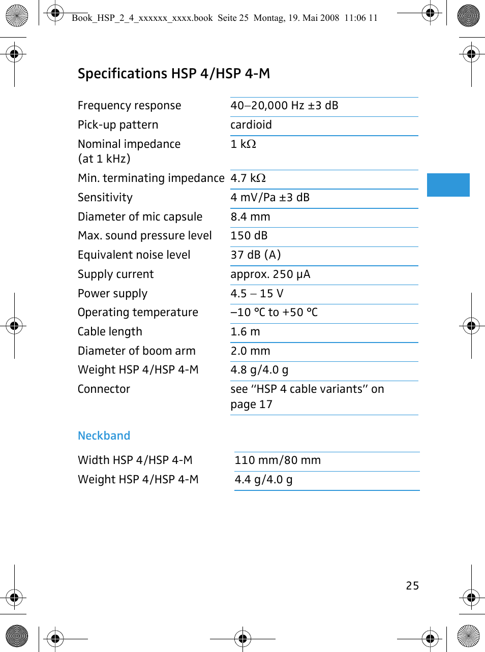 Specifications hsp 4/hsp 4-m | Sennheiser HSP 4  EN User Manual | Page 26 / 29