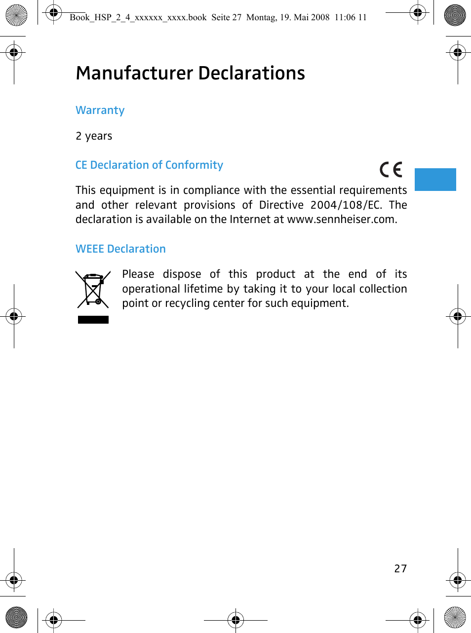 Manufacturer declarations | Sennheiser HSP 4  EN User Manual | Page 28 / 29