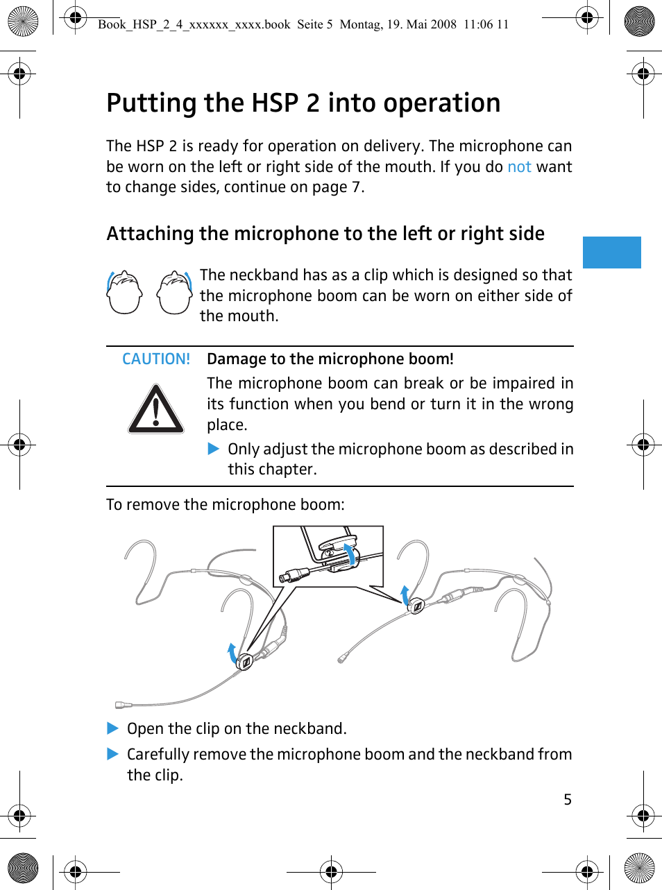 Putting the hsp 2 into operation, Attaching the microphone to the left or right side | Sennheiser HSP 4  EN User Manual | Page 6 / 29