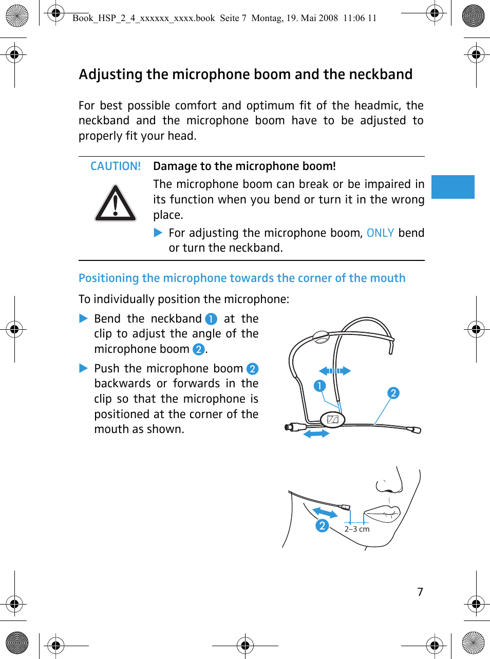 Adjusting the microphone boom and the neckband | Sennheiser HSP 4  EN User Manual | Page 8 / 29