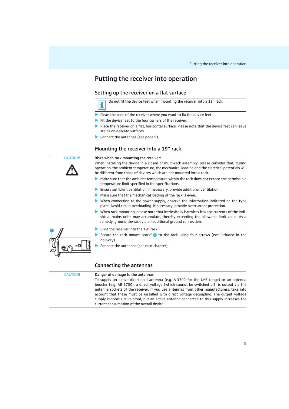 Putting the receiver into operation, Setting up the receiver on a flat surface, Mounting the receiver into a 19” rack | Connecting the antennas | Sennheiser Rack-mount Receivers EM 2050 User Manual | Page 10 / 44