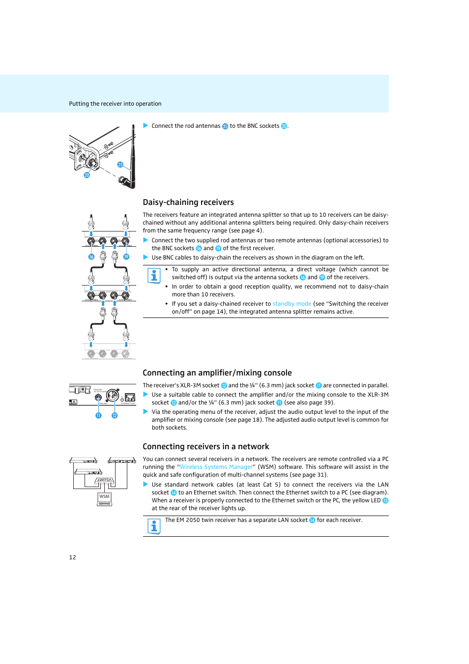 Daisy-chaining receivers, Connecting an amplifier/mixing console, Connecting receivers in a network | Sennheiser Rack-mount Receivers EM 2050 User Manual | Page 13 / 44