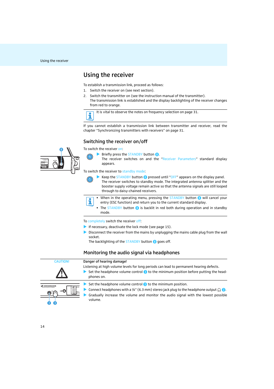Using the receiver, Switching the receiver on/off, Monitoring the audio signal via headphones | Switching the receiver | Sennheiser Rack-mount Receivers EM 2050 User Manual | Page 15 / 44