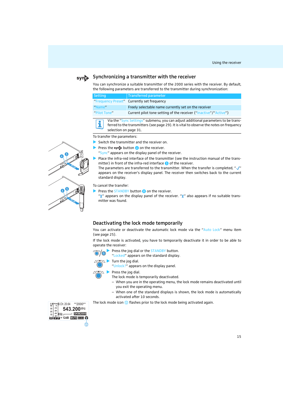 Synchronizing a transmitter with the receiver, Deactivating the lock mode temporarily | Sennheiser Rack-mount Receivers EM 2050 User Manual | Page 16 / 44