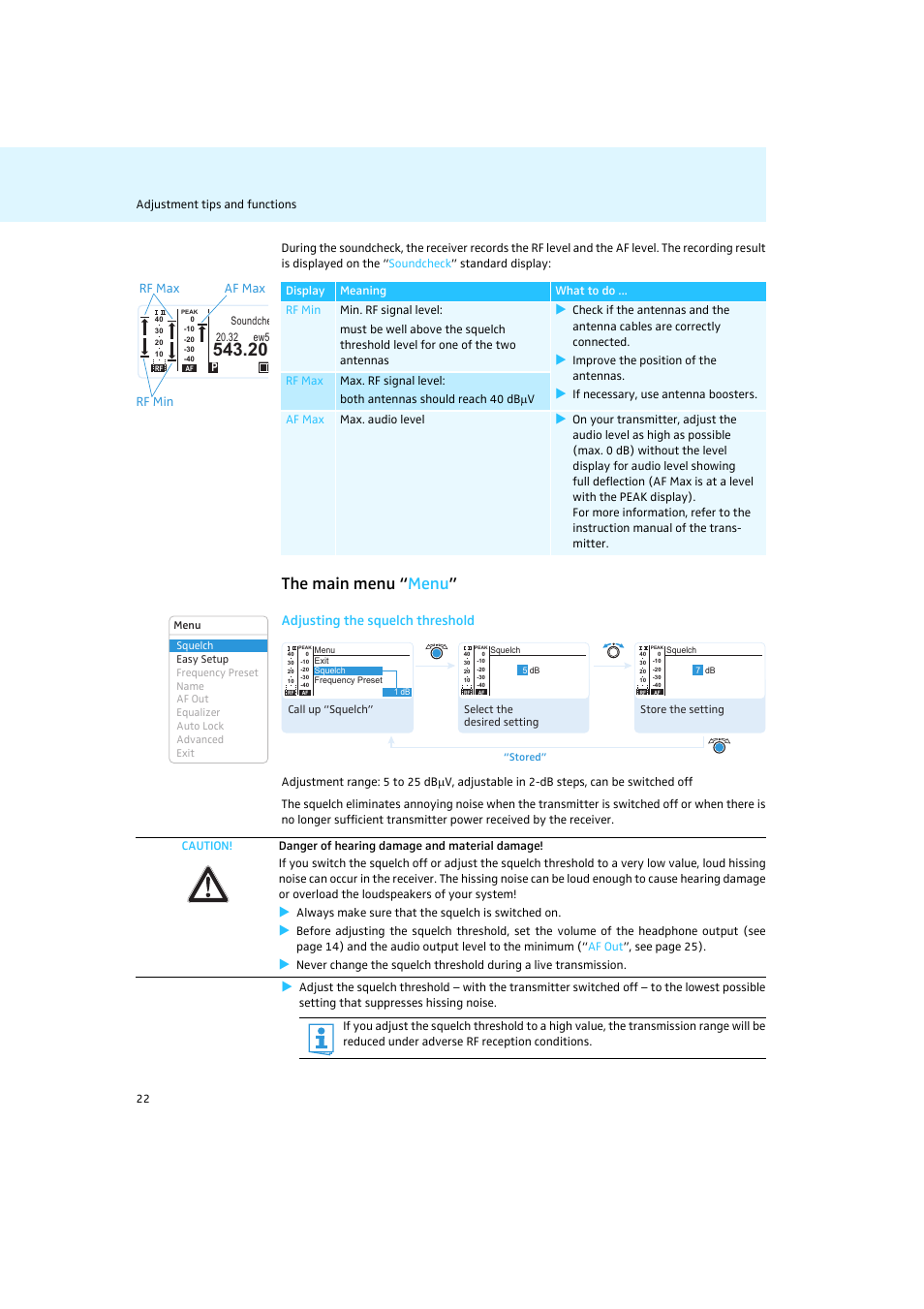 The main menu “menu, The main menu “ menu, Adjusting the squelch threshold | Sennheiser Rack-mount Receivers EM 2050 User Manual | Page 23 / 44