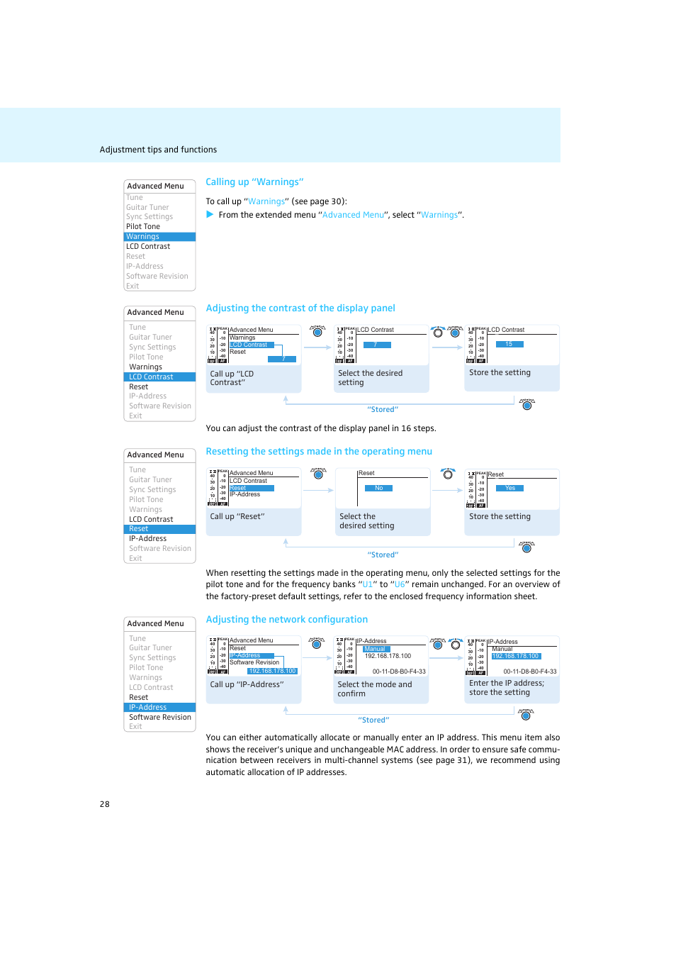 Calling up “warnings, Adjusting the contrast of the display panel, Resetting the settings made in the operating menu | Adjusting the network configuration | Sennheiser Rack-mount Receivers EM 2050 User Manual | Page 29 / 44