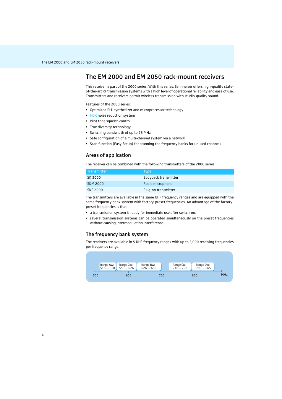 The em 2000 and em 2050 rack-mount receivers, Areas of application, The frequency bank system | Sennheiser Rack-mount Receivers EM 2050 User Manual | Page 5 / 44
