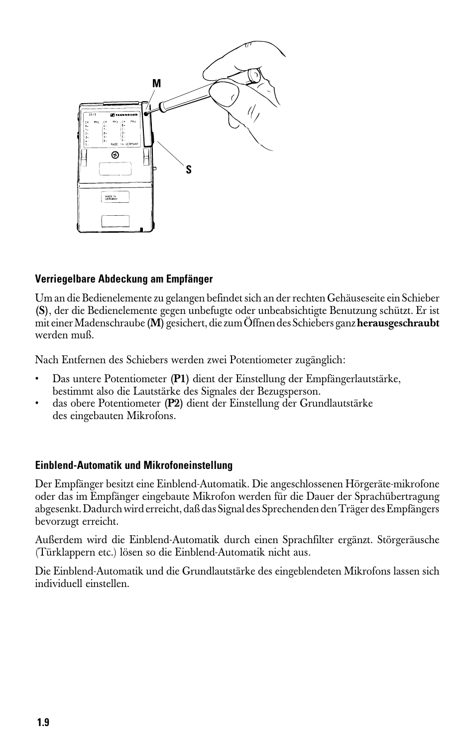 Verriegelbare abdeckung am empfänger, Einblend-automatik und mikrofoneinstellung | Sennheiser System 2013 PLL User Manual | Page 10 / 69