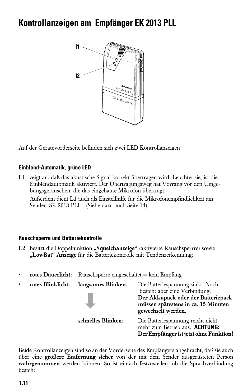 Kontrollanzeigen am empfänger ek 2013 pll, Einblend-automatik, grüne led, Rauschsperre und batteriekontrolle | Sennheiser System 2013 PLL User Manual | Page 12 / 69