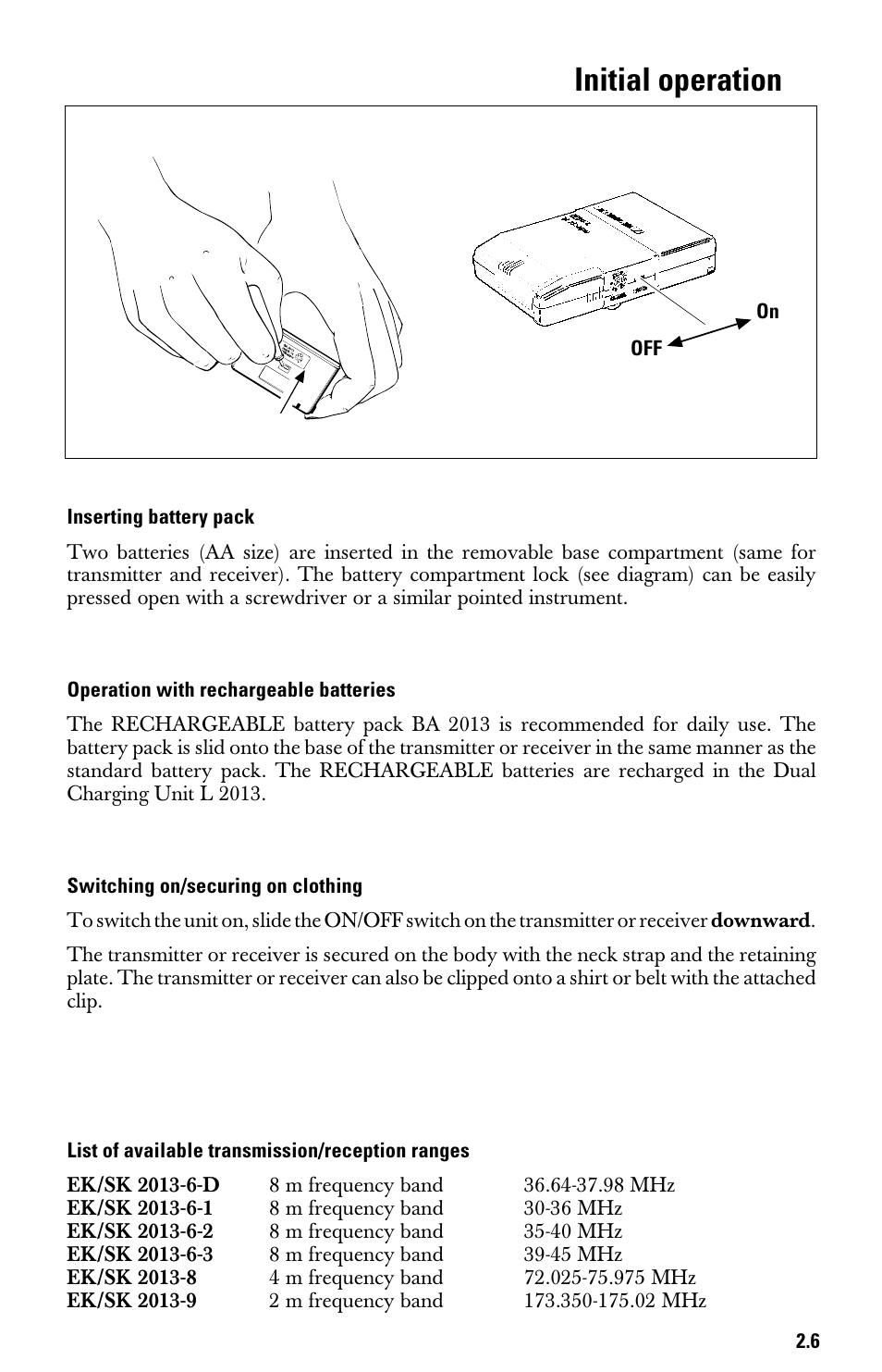Initial operation, Inserting battery pack, Operation with rechargeable batteries | Español switching on/securing on clothing, List of available transmission/reception ranges, Deutsch | Sennheiser System 2013 PLL User Manual | Page 24 / 69