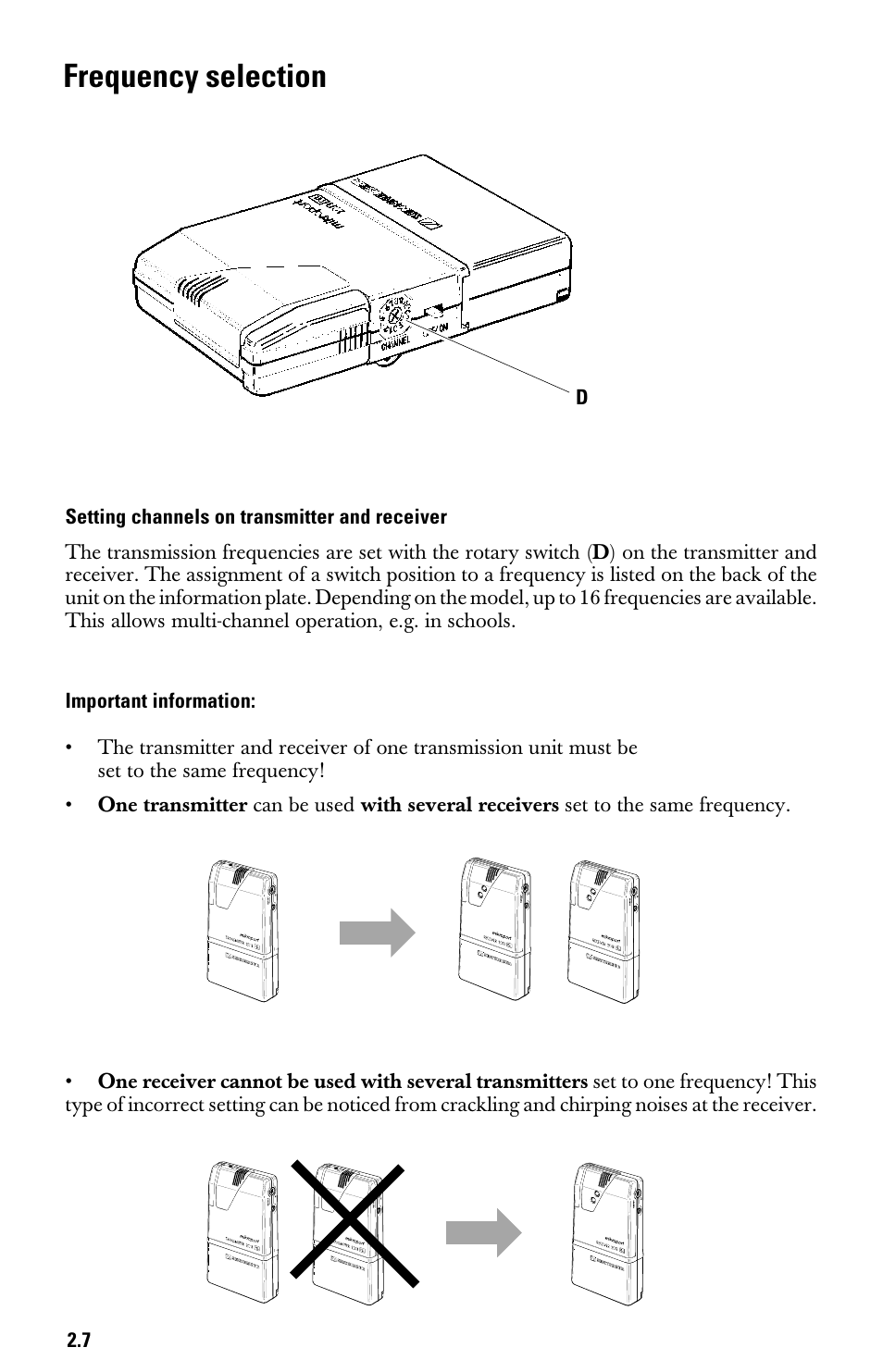Frequency selection, Setting channels on transmitter and receiver | Sennheiser System 2013 PLL User Manual | Page 25 / 69