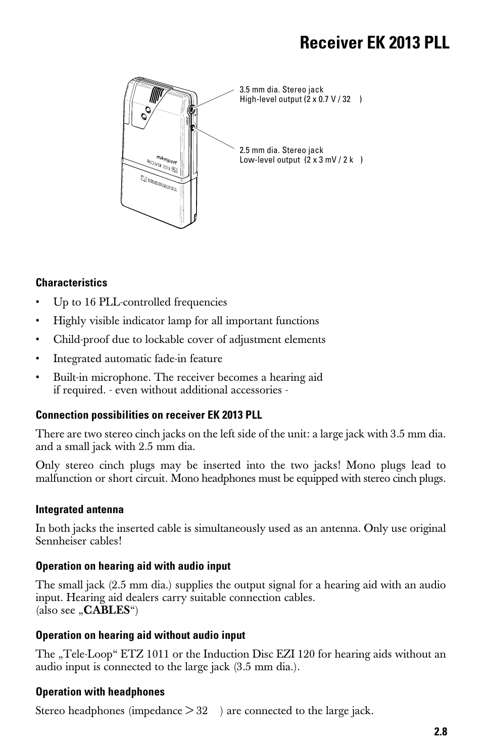 Receiver ek 2013 pll, Connection possibilities on receiver ek 2013 pll, Integrated antenna | Operation on hearing aid with audio input, Operation on hearing aid without audio input, Operation with headphones | Sennheiser System 2013 PLL User Manual | Page 26 / 69