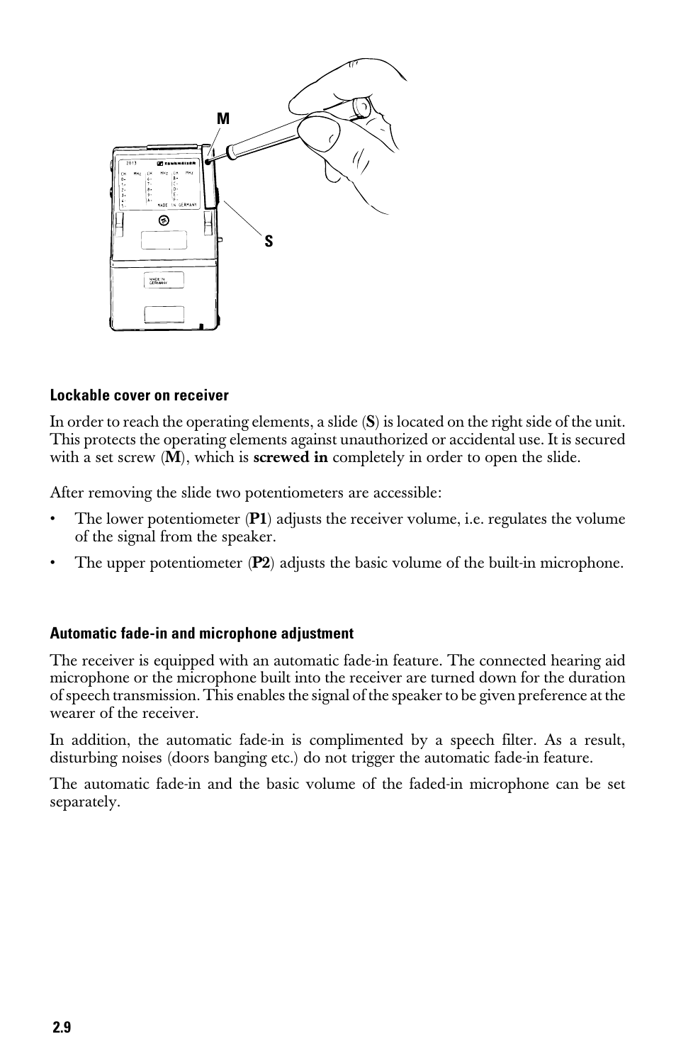 Lockable cover on receiver, Automatic fade-in and microphone adjustment | Sennheiser System 2013 PLL User Manual | Page 27 / 69
