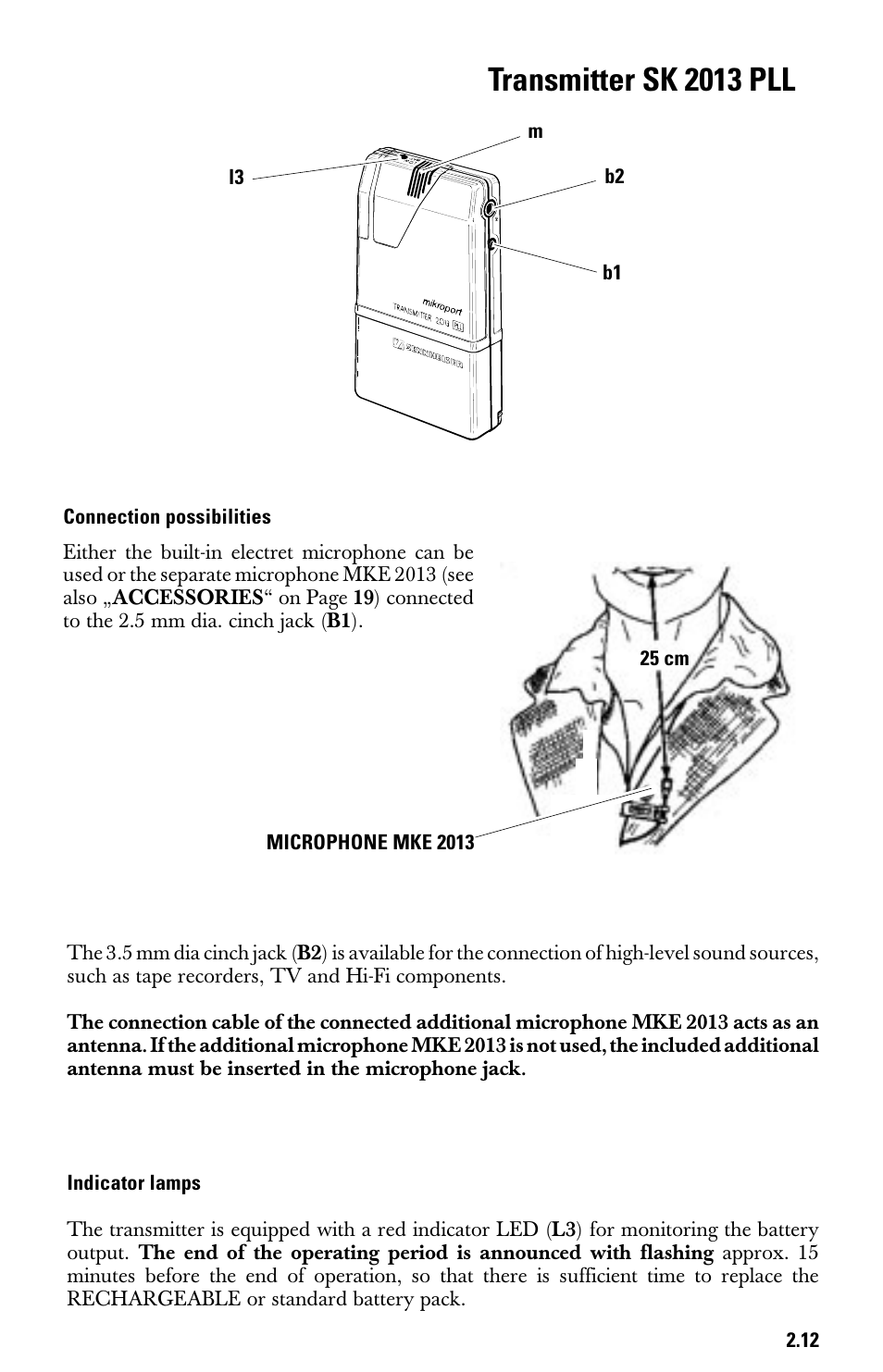 Transmitter sk 2013 pll, Connection possibilities, Indicator lamps | Sennheiser System 2013 PLL User Manual | Page 30 / 69