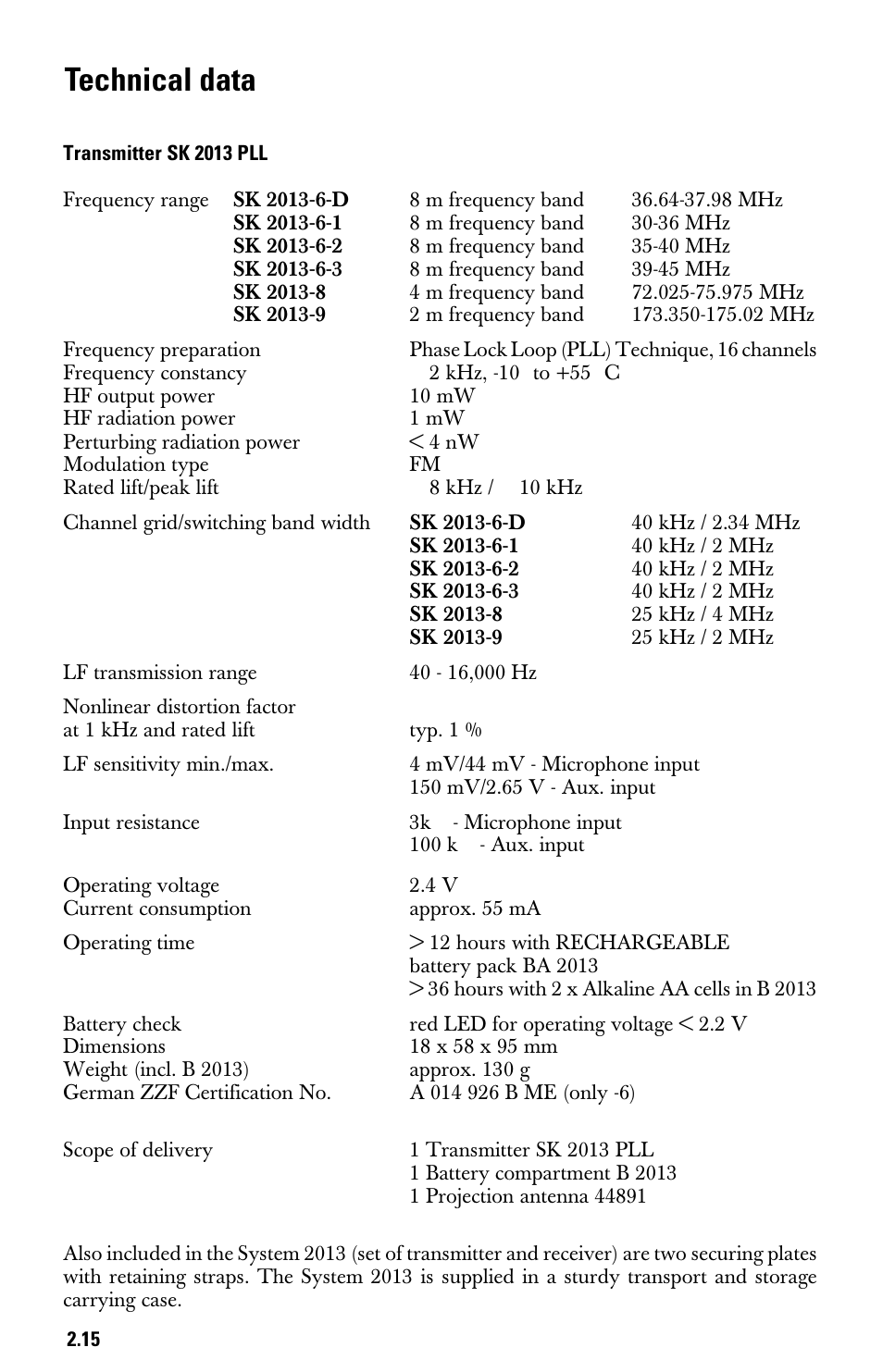 Technical data transmitter sk 2013 pll, Technical data | Sennheiser System 2013 PLL User Manual | Page 33 / 69