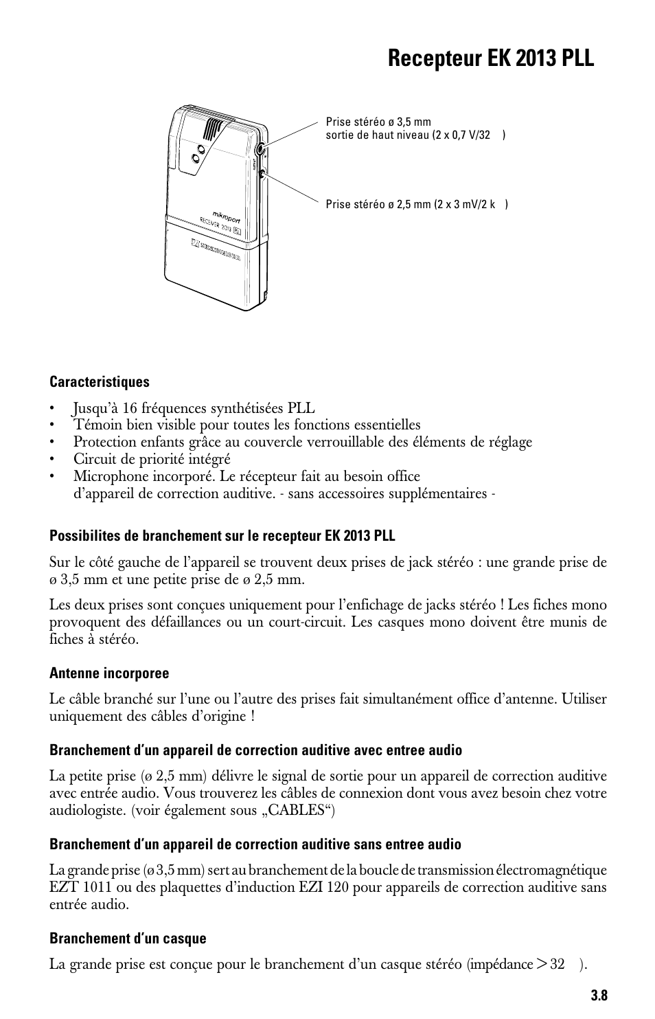 Recepteur ek 2013 pll, Antenne incorporee, Branchement d’un casque | Sennheiser System 2013 PLL User Manual | Page 43 / 69