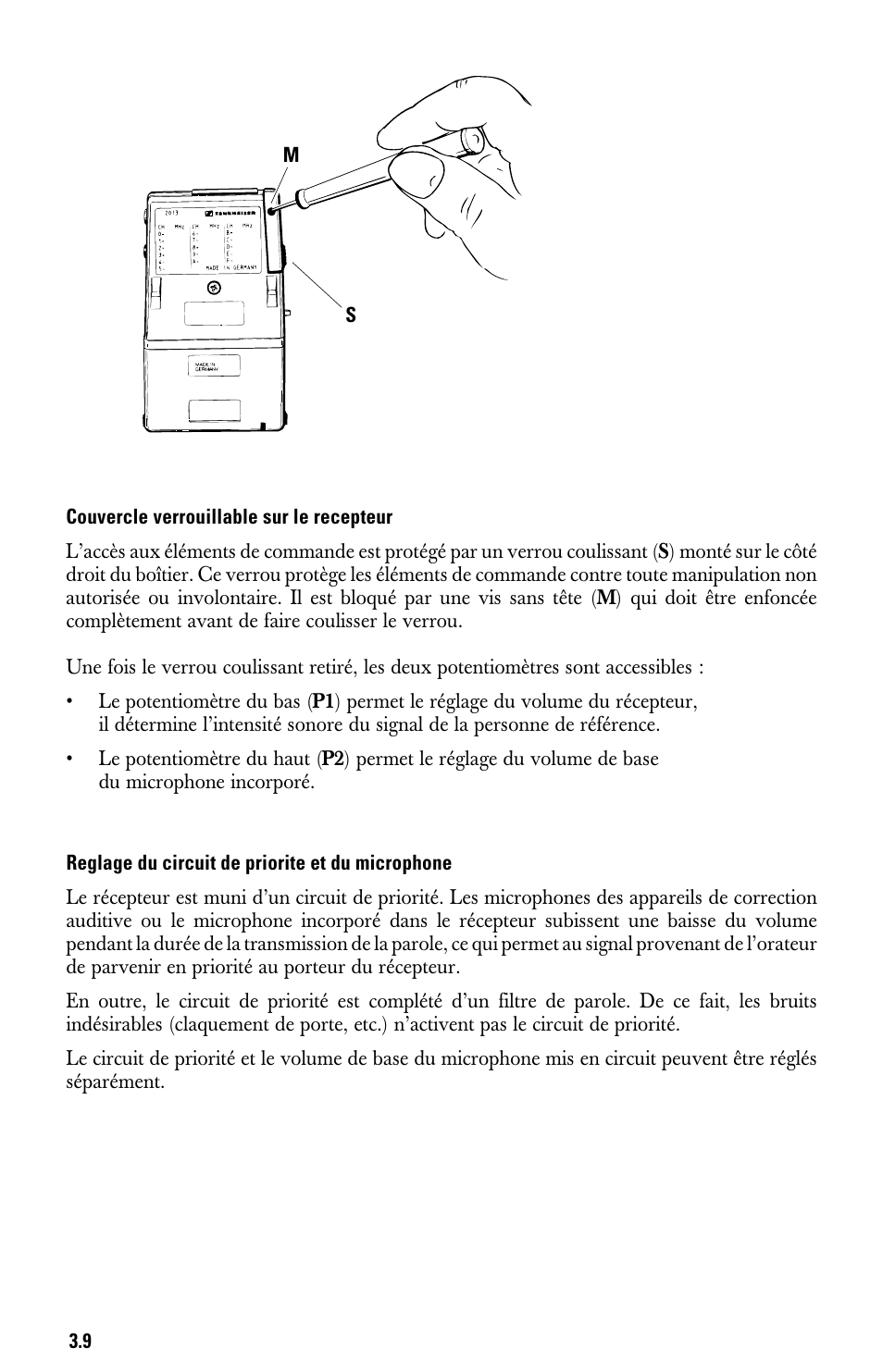 Couvercle verrouillable sur le recepteur, Reglage du circuit de priorite et du microphone | Sennheiser System 2013 PLL User Manual | Page 44 / 69