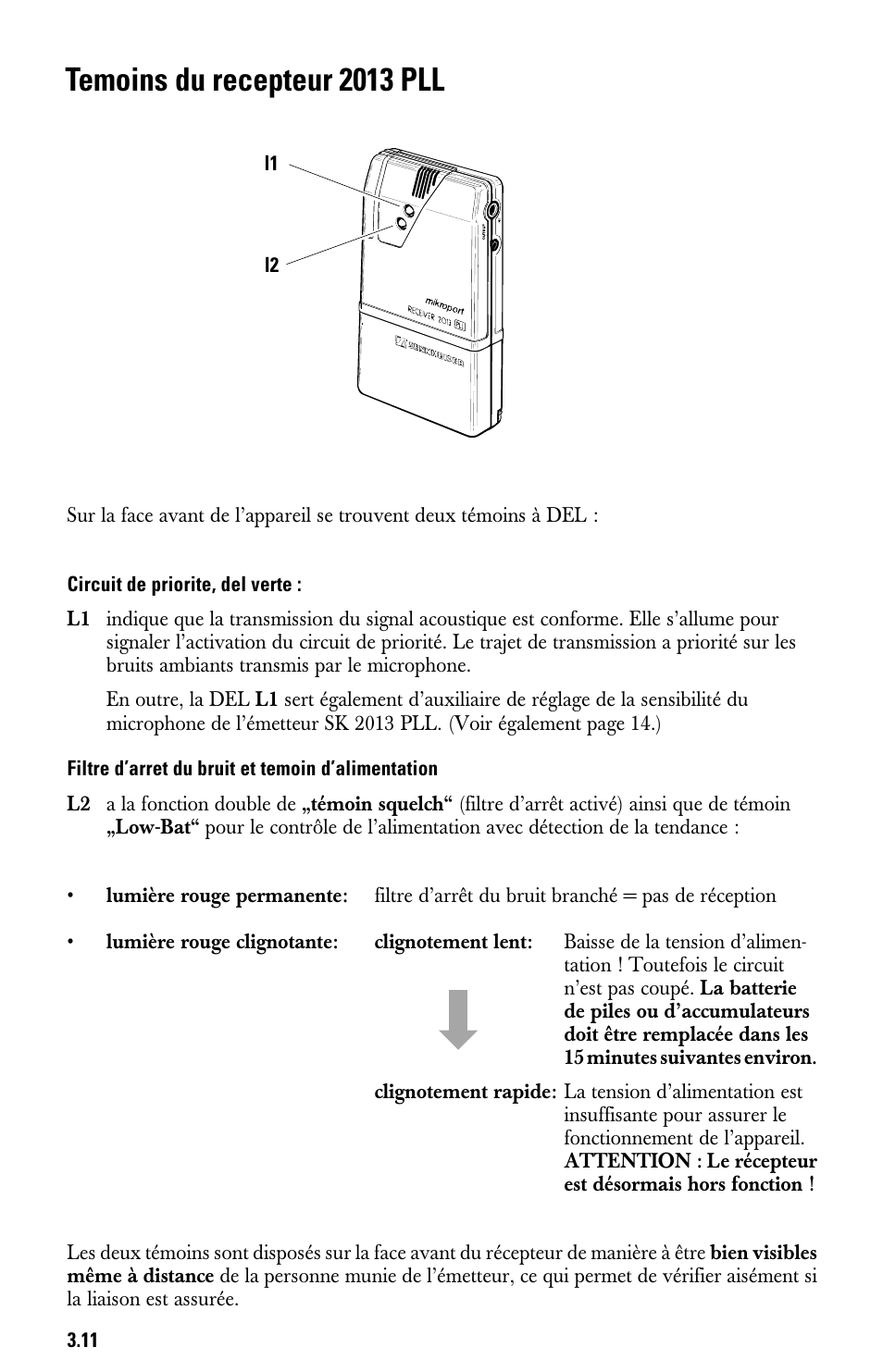 Temoins du recepteur 2013 pll, Circuit de priorite, del verte, Filtre d’arret du bruit et temoin d’alimentation | Sennheiser System 2013 PLL User Manual | Page 46 / 69