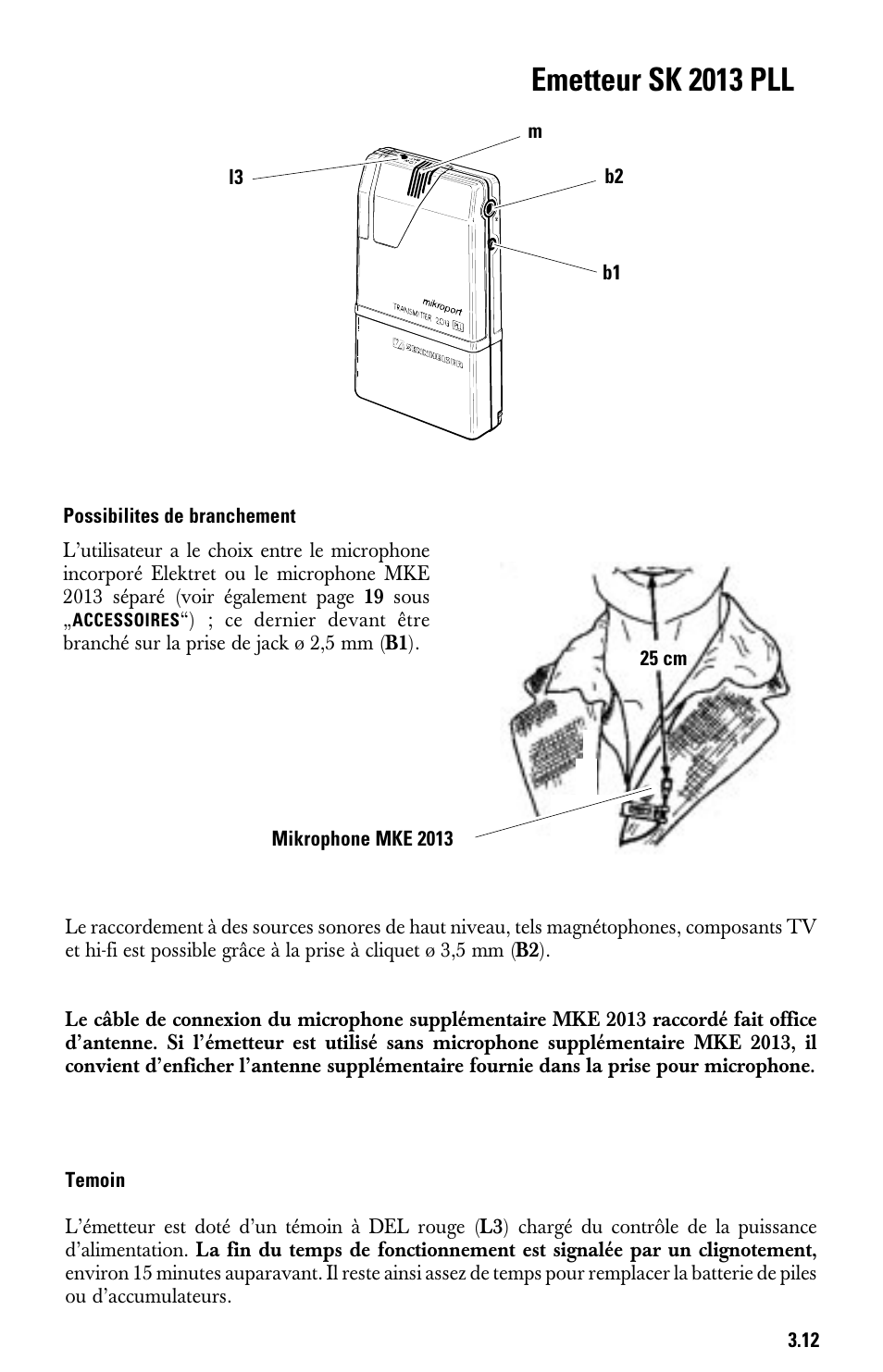 Emetteur sk 2013 pll, Possibilites de branchement, Temoin | Sennheiser System 2013 PLL User Manual | Page 47 / 69