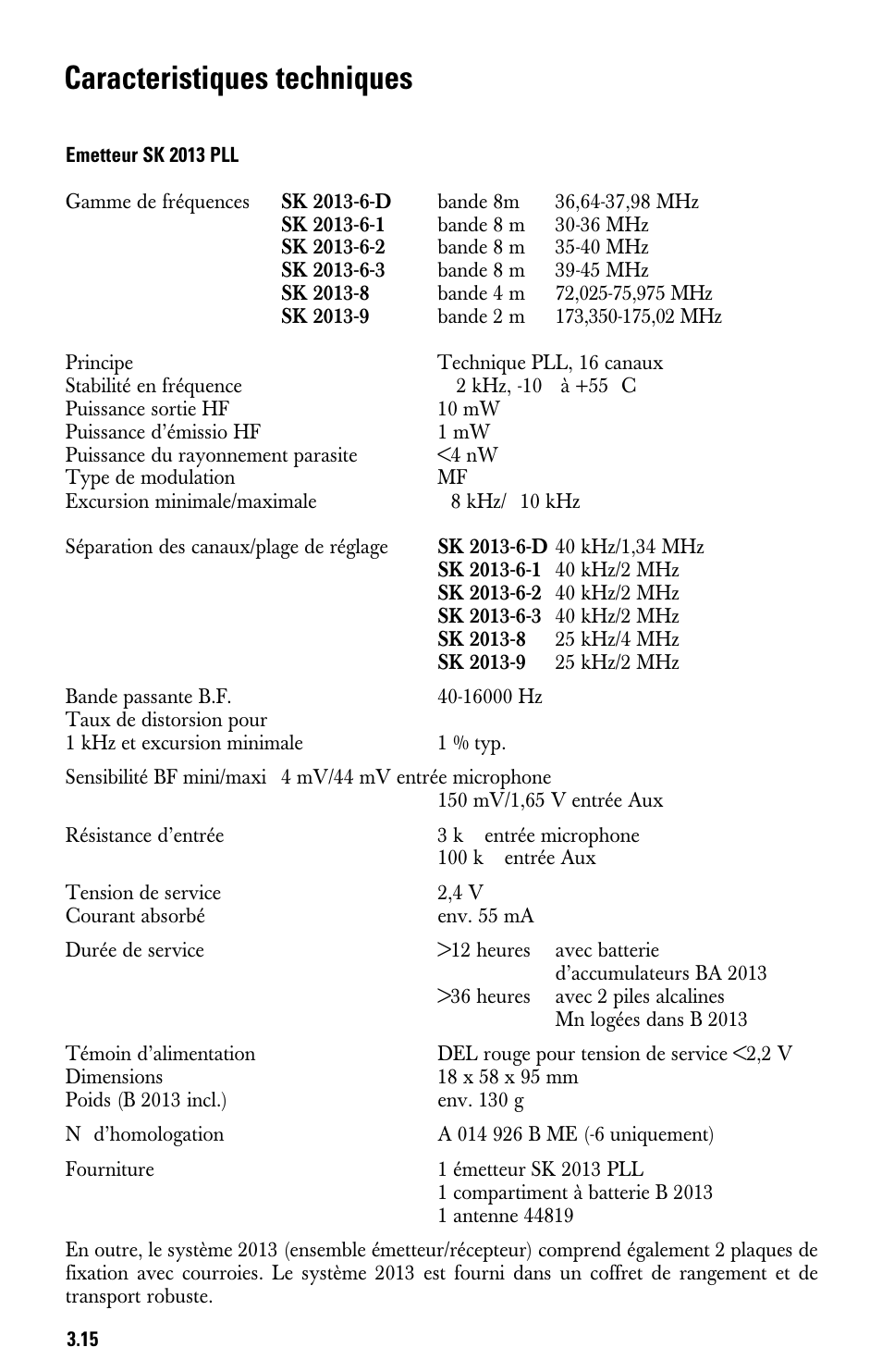 Caracteristiques techniques emetteur sk 2013 pll, Caracteristiques techniques | Sennheiser System 2013 PLL User Manual | Page 50 / 69