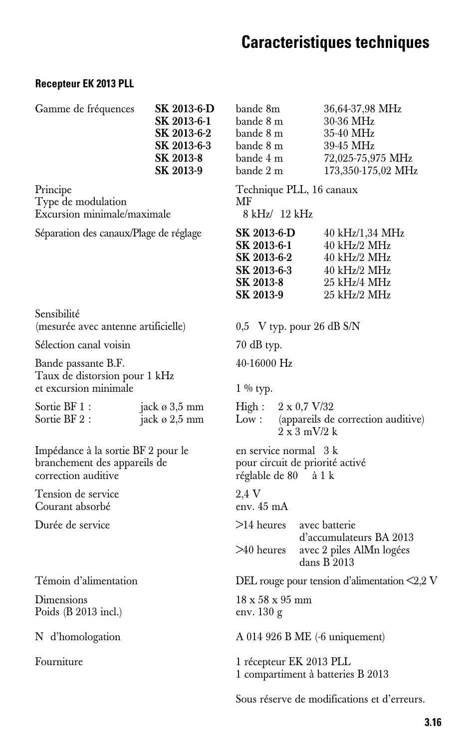 Caracteristiques techniques recepteur ek 2013 pll, Caracteristiques techniques | Sennheiser System 2013 PLL User Manual | Page 51 / 69