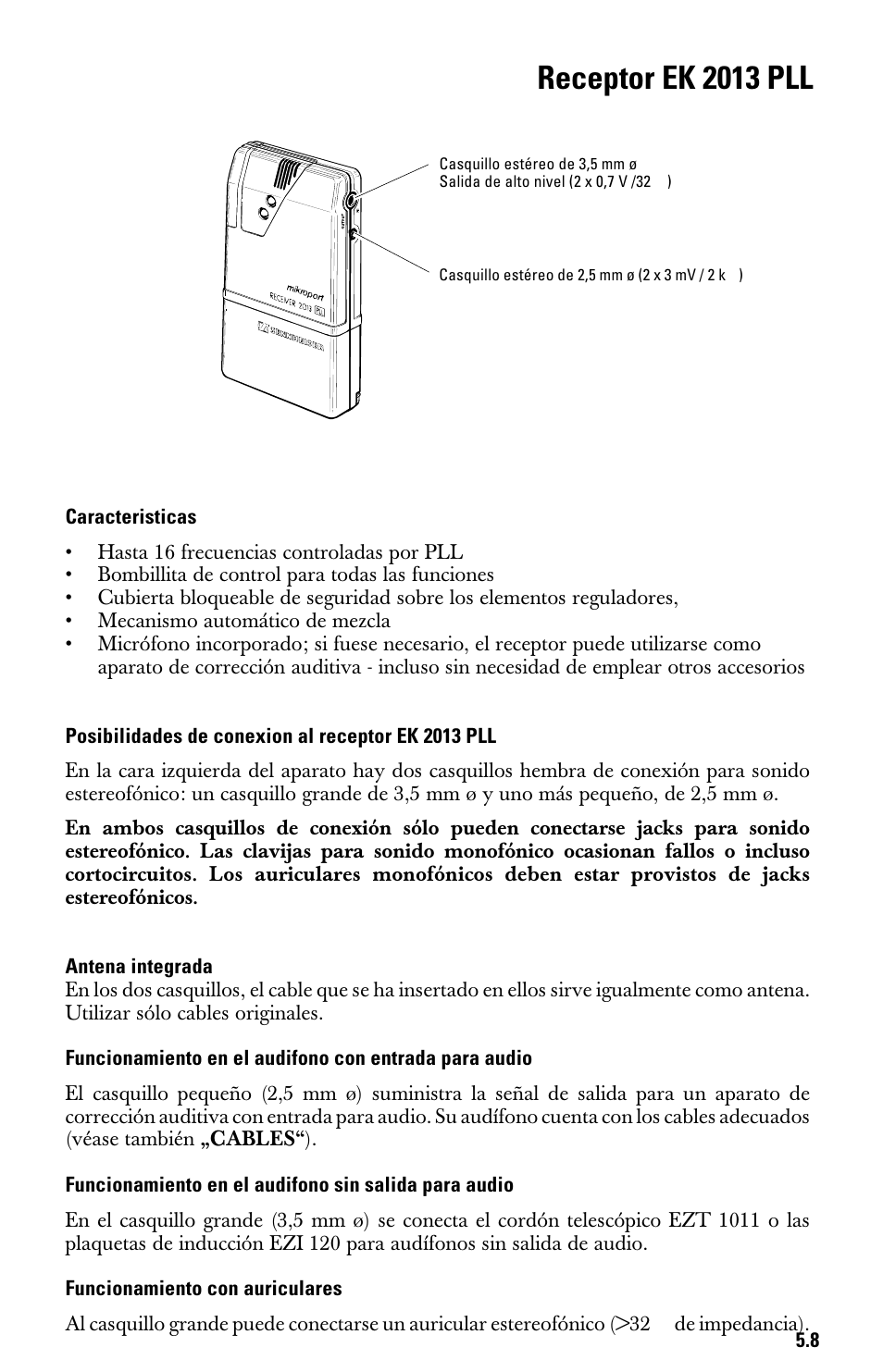 Receptor ek 2013 pll, Posibilidades de conexion al receptor ek 2013 pll, Antena integrada | Funcionamiento con auriculares | Sennheiser System 2013 PLL User Manual | Page 60 / 69