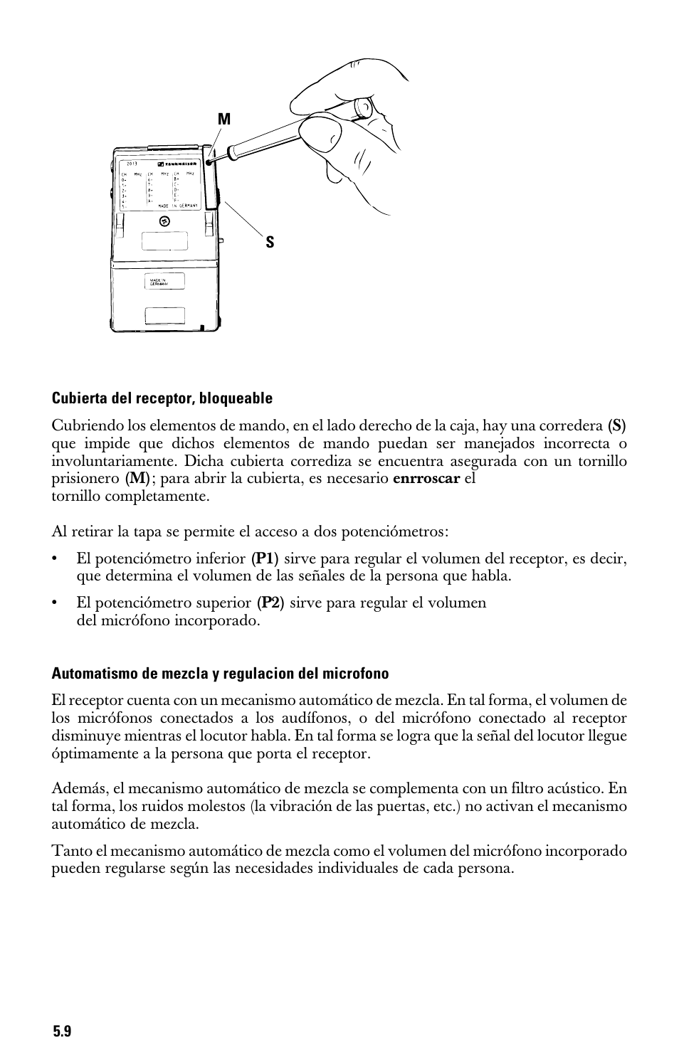 Cubierta del receptor, bloqueable, Automatismo de mezcla y regulacion del microfono | Sennheiser System 2013 PLL User Manual | Page 61 / 69
