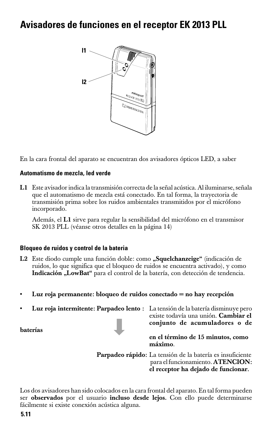Avisadores de funciones en el receptor ek 2013 pll, Automatismo de mezcla, led verde, Bloqueo de ruidos y control de la bateria | Sennheiser System 2013 PLL User Manual | Page 63 / 69
