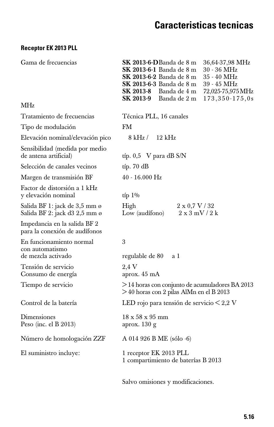 Caracteristicas tecnicas receptor ek 2013 pll, Caracteristicas tecnicas | Sennheiser System 2013 PLL User Manual | Page 68 / 69