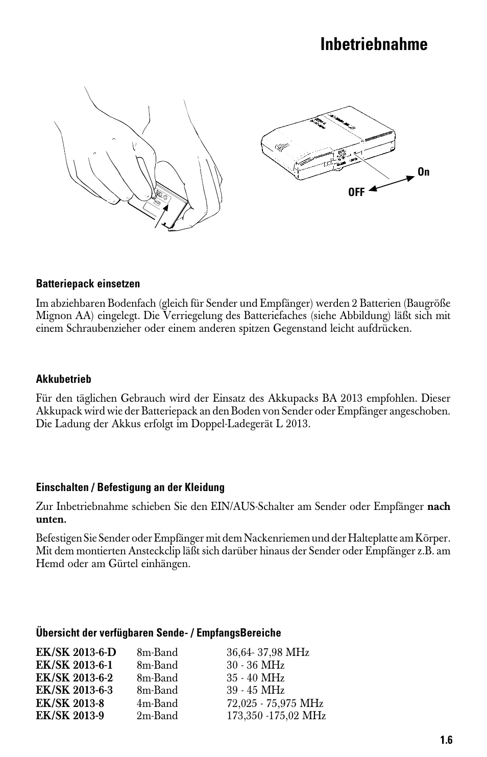 Inbetriebnahme, Batteriepack einsetzen, Akkubetrieb | Einschalten / befestigung an der kleidung | Sennheiser System 2013 PLL User Manual | Page 7 / 69