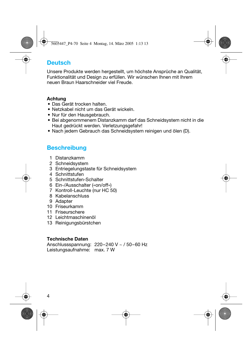 Beschreibung, Deutsch | Braun 8595 User Manual | Page 4 / 70