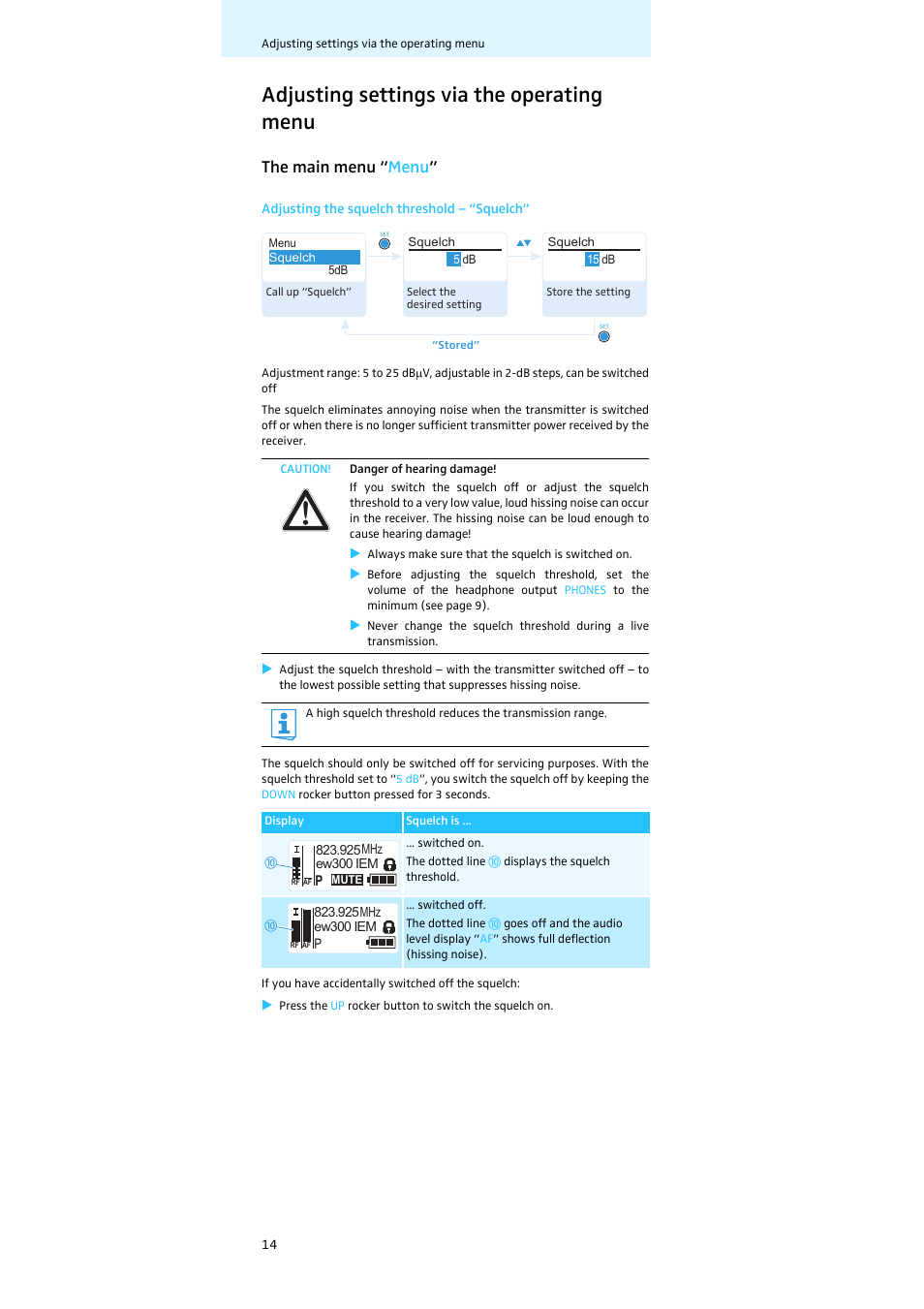 Adjusting settings via the operating menu, The main menu “menu, The main menu “ menu | Sennheiser EK 300 IEM User Manual | Page 15 / 29