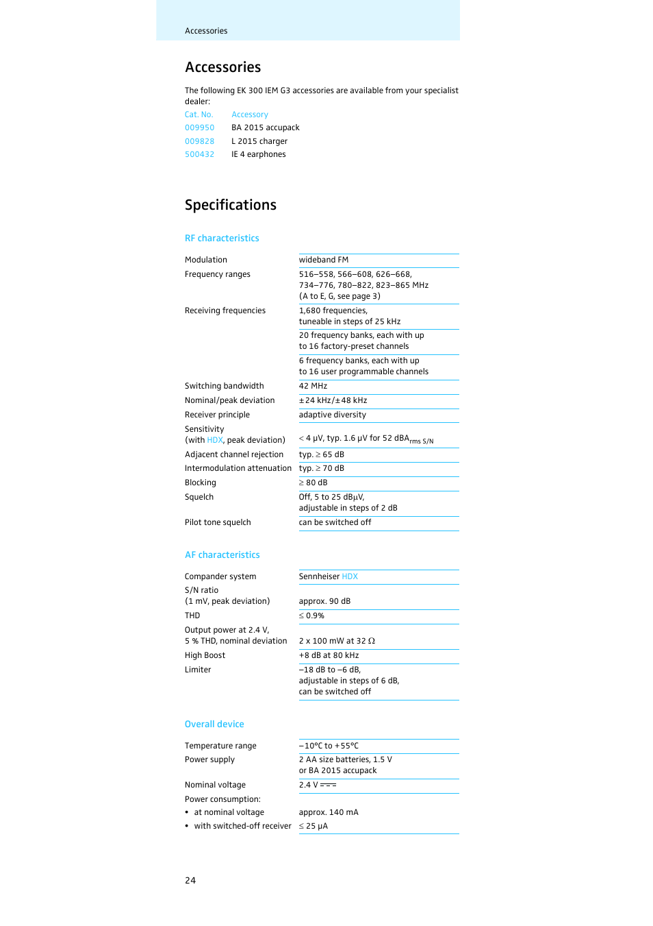Accessories, Specifications | Sennheiser EK 300 IEM User Manual | Page 25 / 29