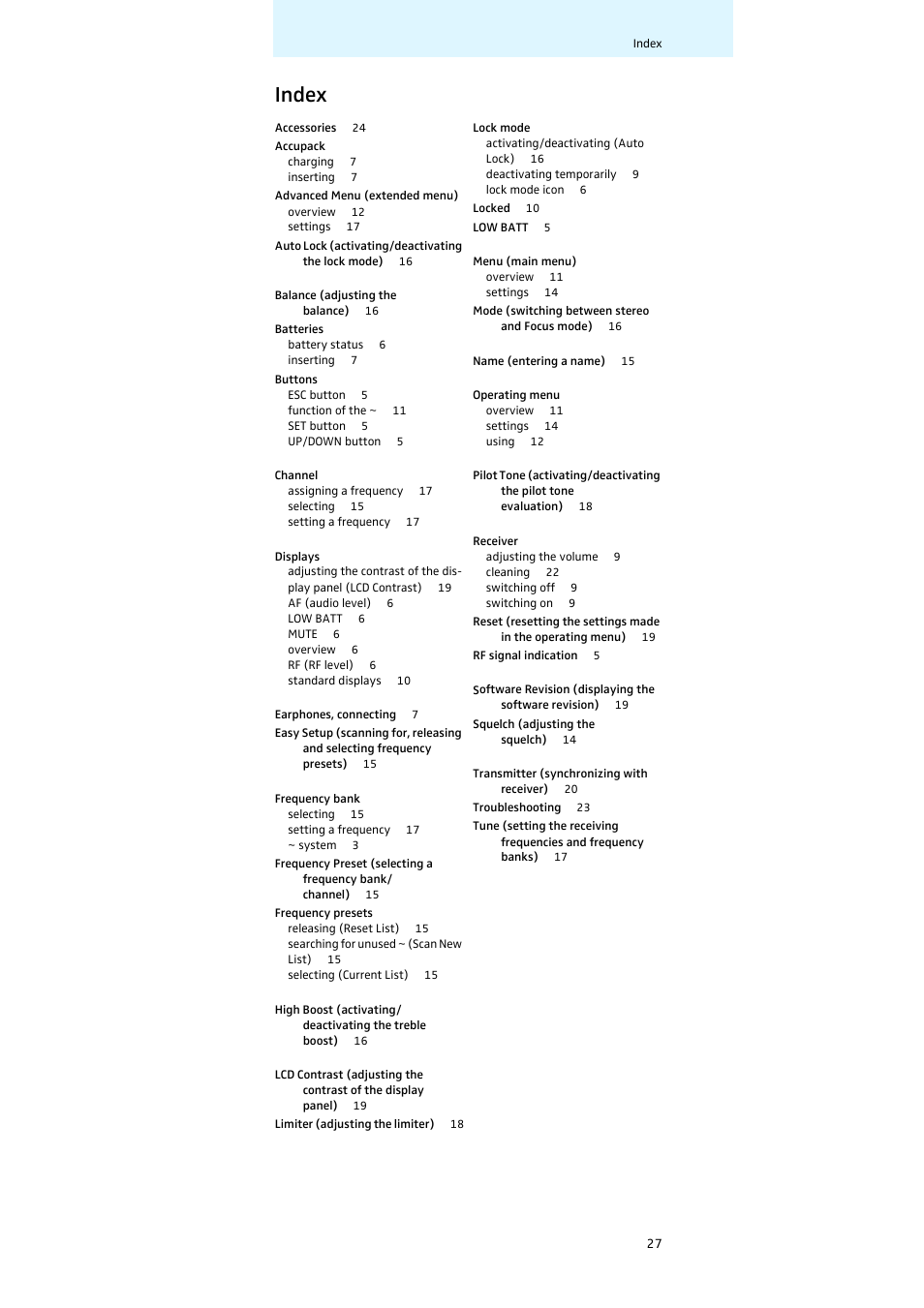 Index | Sennheiser EK 300 IEM User Manual | Page 28 / 29