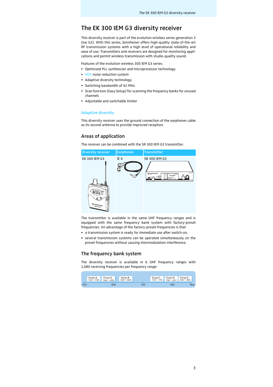 The ek 300 iem g3 diversity receiver, Areas of application, The frequency bank system | Adaptive diversity, Stereo transmitter peak, Peak | Sennheiser EK 300 IEM User Manual | Page 4 / 29