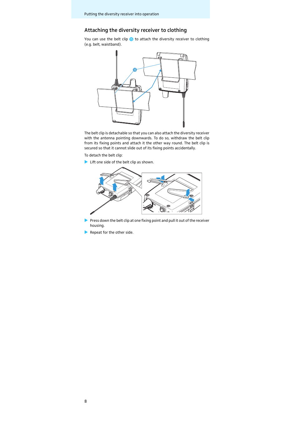 Attaching the diversity receiver to clothing | Sennheiser EK 300 IEM User Manual | Page 9 / 29