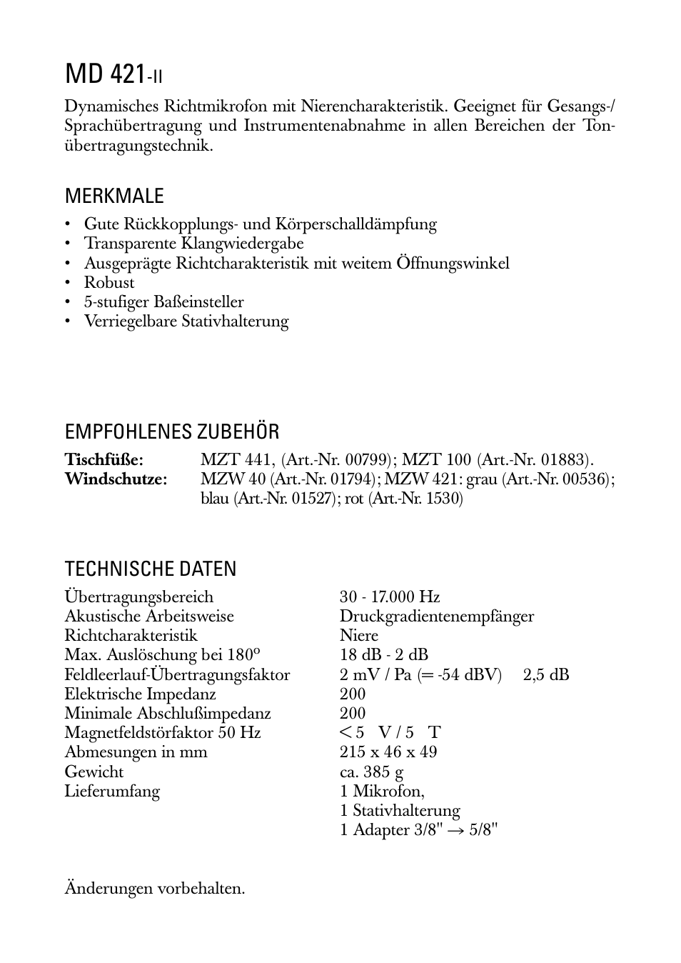 Gebrauchsanleitung, Md 421, Merkmale | Empfohlenes zubehör, Technische daten | Sennheiser MD 421 II User Manual | Page 2 / 12