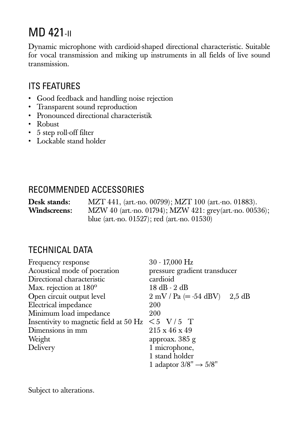 Instructions for use, Md 421, Its features | Recommended accessories, Technical data | Sennheiser MD 421 II User Manual | Page 3 / 12