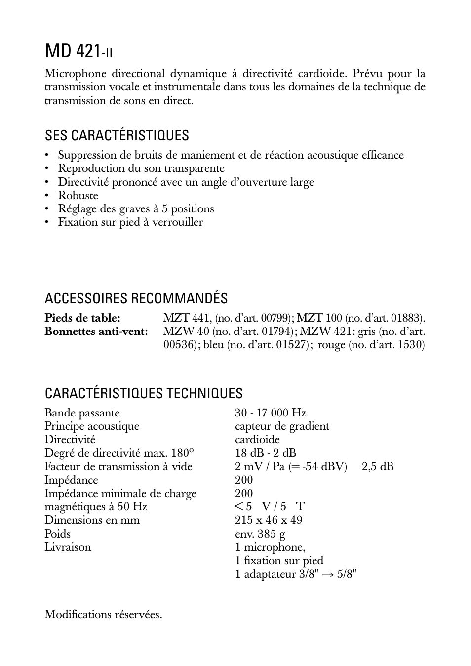 Notice d'emploi, Md 421, Ses caractéristiques | Accessoires recommandés, Caractéristiques techniques | Sennheiser MD 421 II User Manual | Page 4 / 12