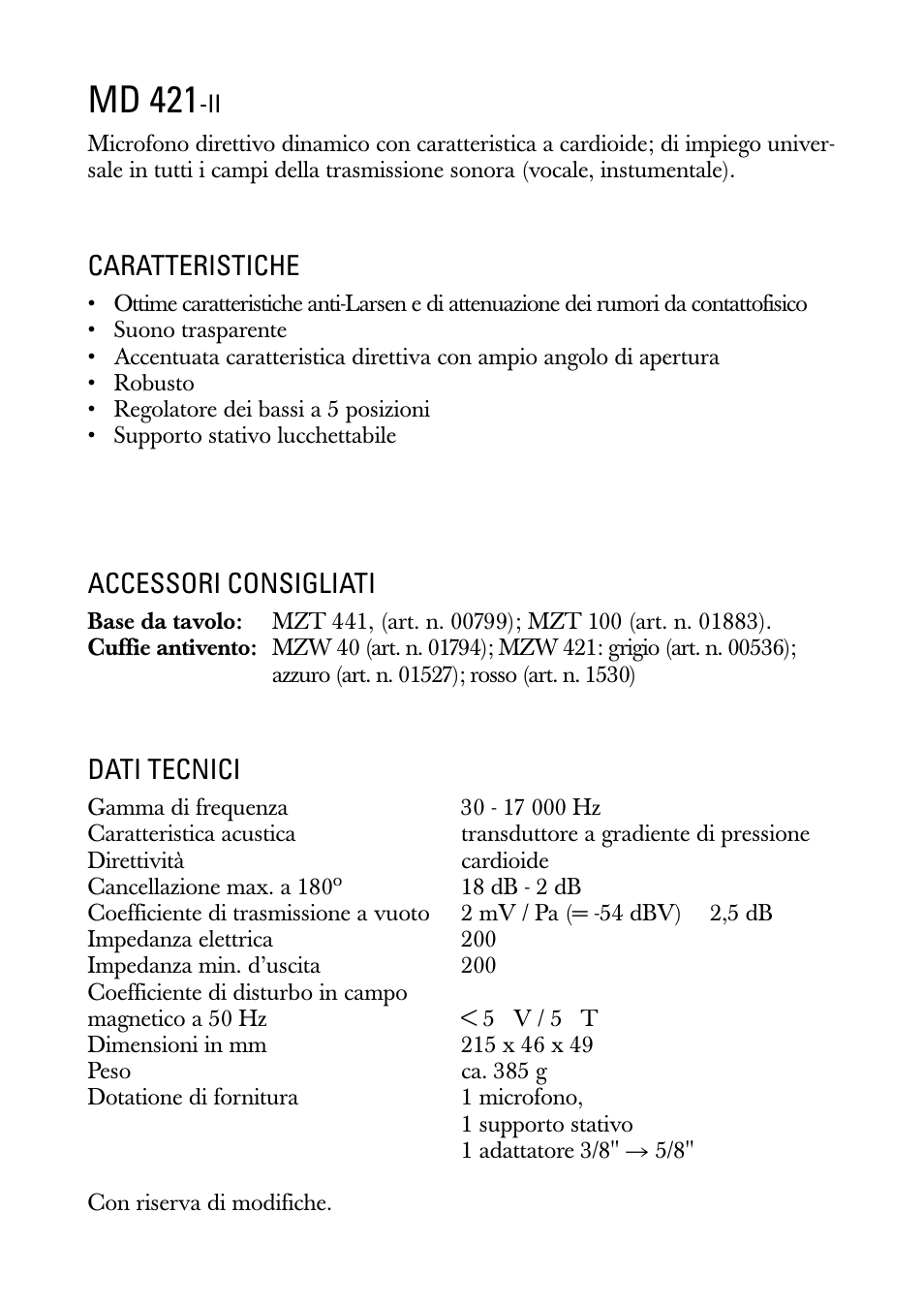 Istruzioni per l'uso, Md 421, Caratteristiche | Accessori consigliati, Dati tecnici | Sennheiser MD 421 II User Manual | Page 5 / 12
