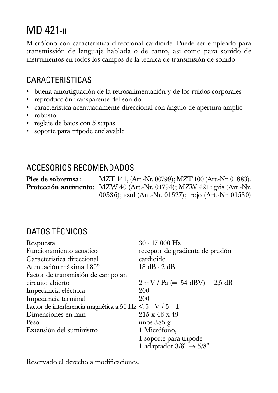 Instrucciones para el uso, Md 421, Caracteristicas | Accesorios recomendados, Datos técnicos | Sennheiser MD 421 II User Manual | Page 6 / 12
