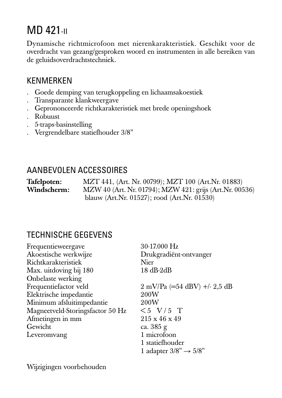 Gebruiksaanwijzing, Md 421, Kenmerken | Aanbevolen accessoires, Technische gegevens | Sennheiser MD 421 II User Manual | Page 7 / 12