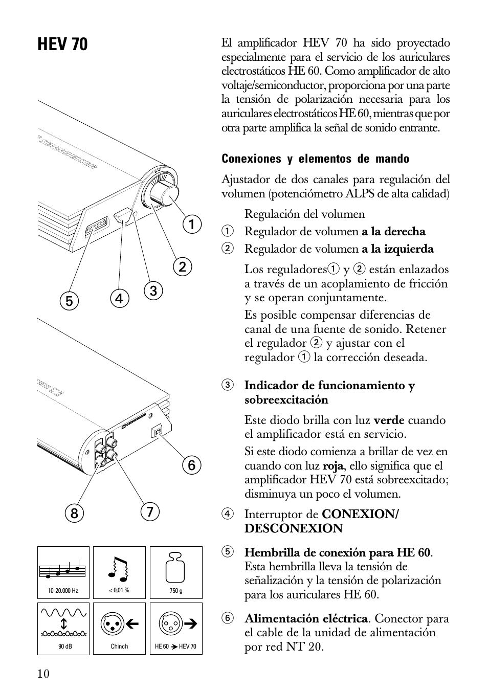 Instrucciones para el uso, Conexiones y elementos de mando, Hev 70 | Sennheiser Electrostatic Amplifier HEV70 User Manual | Page 11 / 19