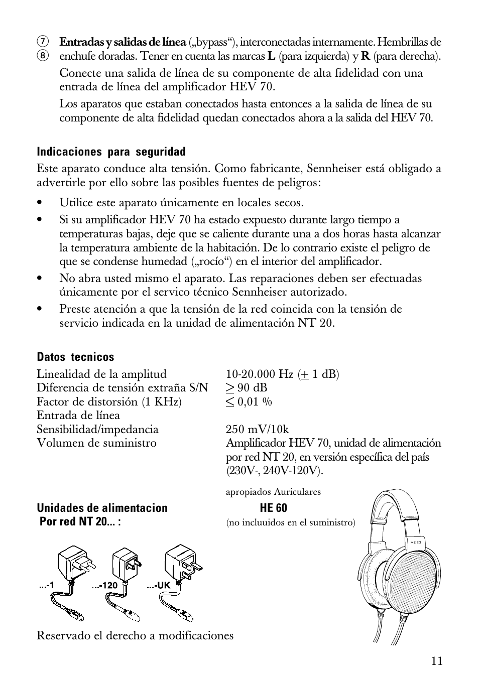 Indicaciones para seguridad, Datos tecnicos | Sennheiser Electrostatic Amplifier HEV70 User Manual | Page 12 / 19