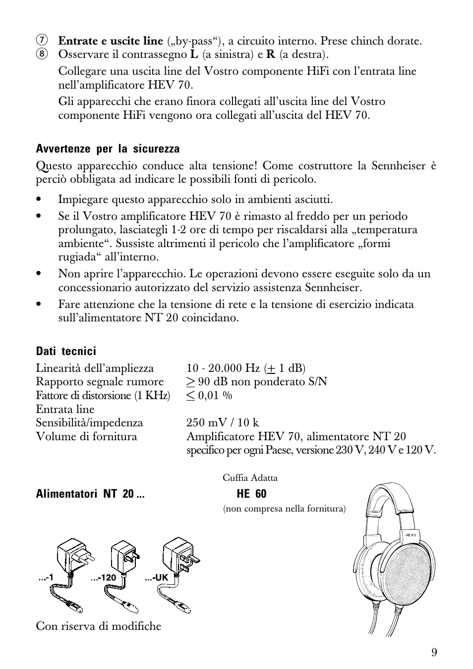 Avvertenze per la sicurezza, Dati tecnici | Sennheiser Electrostatic Amplifier HEV70 User Manual | Page 15 / 19