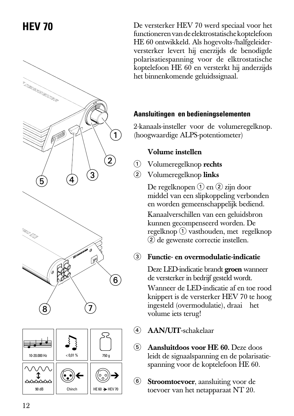 Gebruiksaanwijzing, Aansluitingen en bedieningselementen, Hev 70 | Sennheiser Electrostatic Amplifier HEV70 User Manual | Page 17 / 19