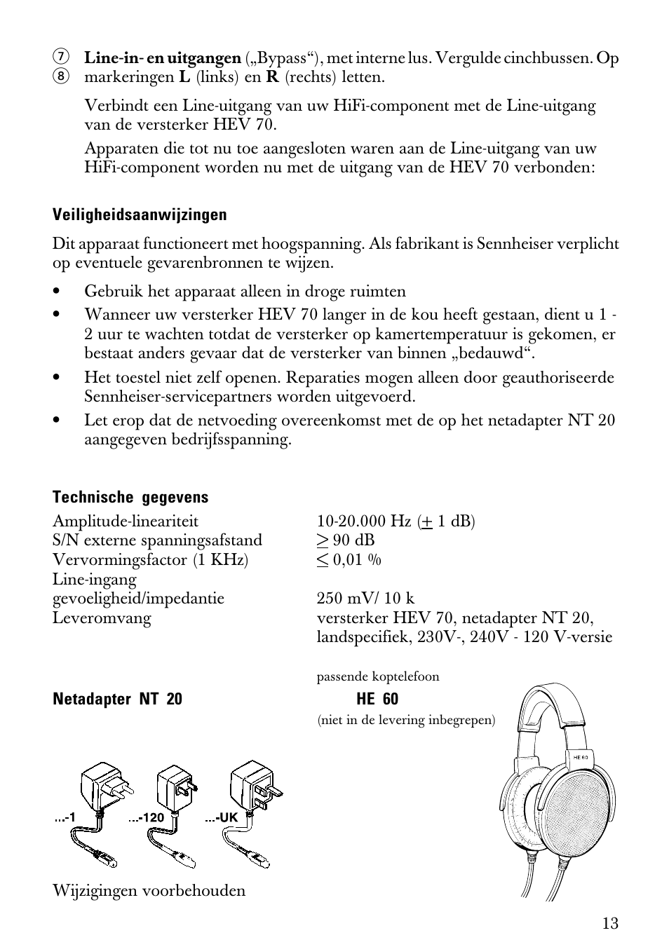 Veiligheidsaanwijzingen, Technische gegevens | Sennheiser Electrostatic Amplifier HEV70 User Manual | Page 18 / 19